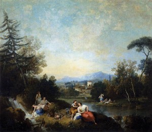 Landscape with girls at a river